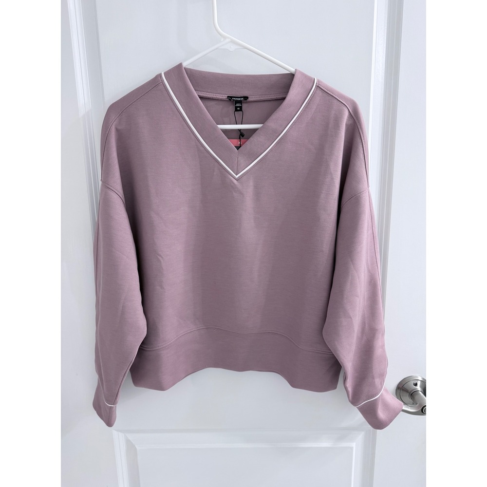 Express Womens V-Neck Pullover Mauve Pink White Piping Sweatshirt Size XS New